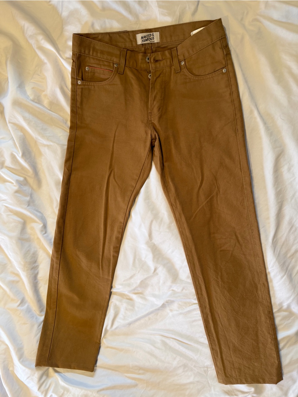 Naked & Famous Duck Canvas Selvedge brown Carmel Jeans super guy slim skinnh
